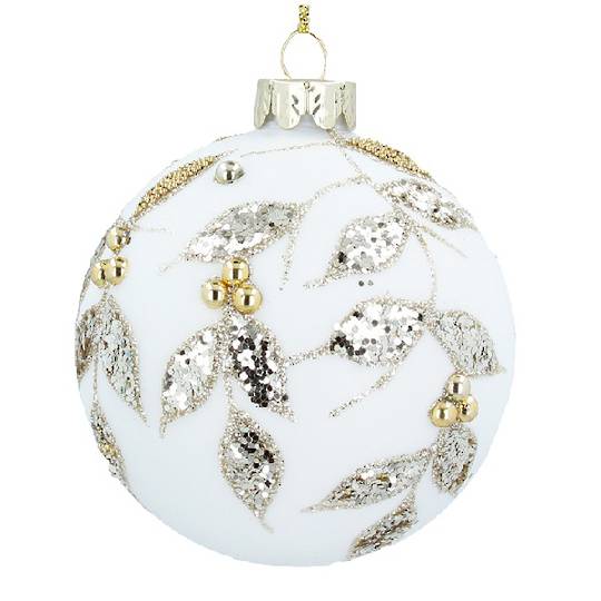 INDENT - Pack 12, Glass Ball Cream, Glitter Vine Gold Berry 8cm